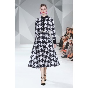 Real shot spot Thousand Bird Grid printed long sleeved mid length dress