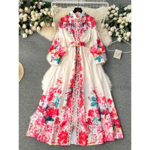 Palace retro French elegant dress, women's spring and autumn new style, high-end feeling, stand collar lantern long sleeved waist cinched printed skirt