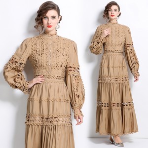 Real time spot new i French lace patchwork hollow long sleeved short top high waisted skirt long skirt set