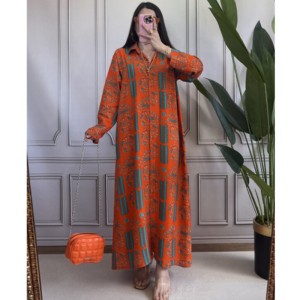 European and American Cross border Spot 2024 New Fashionable Personalized Leisure Positioning Printed Loose Women's Dress Long Skirt