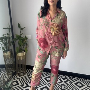 Amazon Spot Foreign Trade Women's Set 2024 New Shirt Nine Leg Pants Fashion Flower Printed Two Piece Set