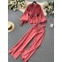 French style high-end round neck lantern long sleeved waist shirt+high waist slimming casual wide leg pants two-piece set