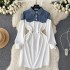 New women's autumn dress with niche design, denim polo collar, contrasting color splicing, fashionable fake two-piece sanitary dress