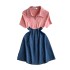 Summer new 2024 Hepburn style contrasting denim patchwork dress with feminine temperament, high waist and age reducing A-line short skirt