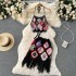 Spring and summer vacation ethnic style hook flower tassel knitted sweater set, women's hanging neck tie vest+short skirt two-piece set