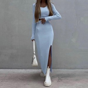 2023 Autumn/Winter New Cross border Women's Clothing Solid Color Knitted Round Neck Top Long Sleeve Split Long Skirt Two Piece Set for Women