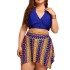 2022 new Amazon cross-border three piece set plus size bikini gathers sexy backless printed short skirt swimsuit for women