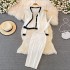 Fashionable V-neck long sleeved knitted top shawl cardigan two-piece set, medium to long, tight fitting elastic hip hugging dress