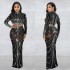 C6028 Cross border AliExpress Amazon Europe and America Fashion Women's Wear Mesh Hot Diamond Perspective Long Sleeve Long Skirt Two Piece Set