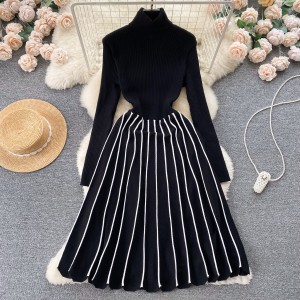 Retro socialite style striped knitted dress for women in autumn and winter, with a semi high neck design and a grand display of super fairy temperament, long skirt