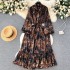 French retro light mature style bow tie lantern long sleeved print cinched waist slimming temperament chiffon dress trendy