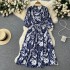 French retro high-end floral dress, women's summer new collection, waist cinched lace up five quarter sleeve chiffon skirt, V-neck dress