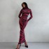 2024 autumn and winter European and American cross-border women's clothing new fashion animal pattern semi high neck long sleeved slim fit hip hugging dress