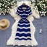 Light luxury and high-end striped knitted dress for women in summer, V-neck hollow thin cut, breathable and slim design, long skirt