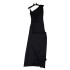 Summer sloping shoulder suspender waist cinching temperament, little woman dark style bag body slimming dress A1 # 8180