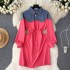 New women's autumn dress with niche design, denim polo collar, contrasting color splicing, fashionable fake two-piece sanitary dress