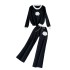 Fashion suit Korean version long sleeved camellia embroidery loose round neck knitted sweater top two-piece set high waist wide leg pants