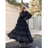 Retro court style lantern sleeve V-neck large swing dress with French elegant hollow out patchwork lace embroidery long skirt