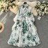 2024 early spring new French style bow collar, waist cinching and slimming mid length retro printed dress with temperament