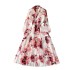 2024 early spring new French style bow collar, waist cinching and slimming mid length retro printed dress with temperament