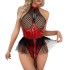 Ins European and American sexy PU patent leather mesh splicing hanging neck underwear mesh canopy skirt garter belt detachable jumpsuit