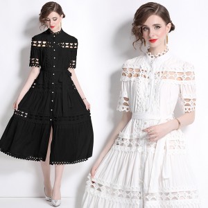 Real time spot spring clothing new palace style standing collar hollowed out single breasted long sleeved dress