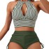 Cross border 2024 European and American new high neck hanging neck hollowed out Amazon bikini high waist striped split swimsuit wholesale