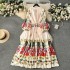 European and American retro palace style design with printed long, heavy-duty pleated bubble sleeve dress for spring and women's pleated skirt