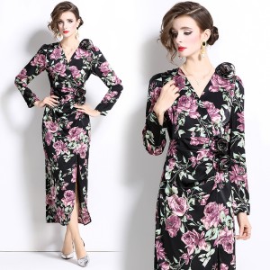 2024 French three-dimensional flower dress for women in autumn, long slit, slim fit, retro printed tea break skirt