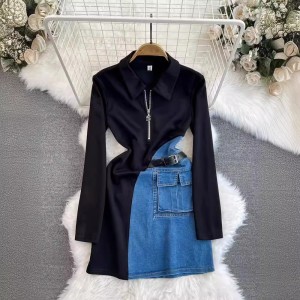 2024 spring women's clothing design sense, contrasting color splicing, niche zipper slim fit short denim bag hip skirt dress for women