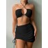 2024 European and American foreign trade new sexy split swimsuit ins bikini solid color hanging neck tie tight swimsuit for women