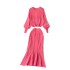 Lazy style suit women's aging bubble sleeve knitting Fried Dough Twists top versatile high waist skirt fishtail skirt two-piece set