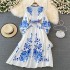 Spring new palace style blue and white porcelain printed stand up collar single breasted dress with elegant temperament and large swing long skirt