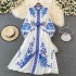 Spring new palace style blue and white porcelain printed stand up collar single breasted dress with elegant temperament and large swing long skirt