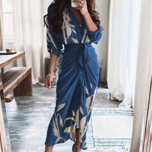 2024 autumn European and American women's clothing foreign trade INS new sexy printed V-neck pleated irregular strap dress