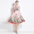 Real time spot new French style elegant socialite style high waist slimming positioning printed pleated dress