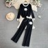 Fashion suit Korean version long sleeved camellia embroidery loose round neck knitted sweater top two-piece set high waist wide leg pants