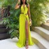 2024 European and American women's autumn Amazon new hollow knot slit V-neck sleeveless pleated irregular dress