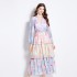 Original in stock | 2024 vintage vacation style dress with V-neck and waist cinching temperament, ruffled cake long skirt