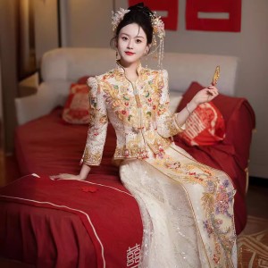 2024 New Champagne Gold Show He Dress, Bridal Chinese Wedding Dress, Heavy Industry Toast Dress, Pavilion Dress, Autumn and Winter