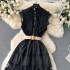 French temperament, high-end feel, stand up collar, hollowed out embroidery, lace stitching, sleeveless waist cinching, slimming and elegant dress