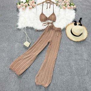 Seaside vacation set, women's summer outfit, sexy bikini tie, neck hanging top, design sense, hollowed out knitted wide leg pants