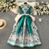 Retro court style dress with female design, printed straps, waist cinching, long French style bubble sleeves, elegant dress for women