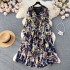 French dress women's 2023 new elastic waistband tie dye ruffled lantern sleeves floral chiffon holiday skirt