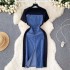 2023 Internet celebrity new niche round neck short sleeved patchwork denim dress for women with a high-end feel, waist cinching fake two-piece long dress