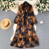 French retro light mature style bow tie lantern long sleeved print cinched waist slimming temperament chiffon dress trendy