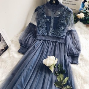 Hollow lace three-dimensional flower dreamy mesh temperament stand collar lantern sleeves high waisted two-piece fairy dress for women