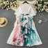 Light luxury retro temperament round neck short sleeved printed pleated dress for women with lace up and waist cinching temperament, grand and elegant long skirt