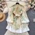 Floral series French court style dress, Western style bubble sleeves, buckle slim fit short A-line skirt, temperament dress