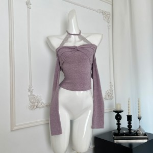 12YE Purple Pure Desire Top, Women's Autumn New Style, Slim fit Long Sleeve, Off Shoulder, Sexy Hanging Neck Style, Inner Knitted Shirt